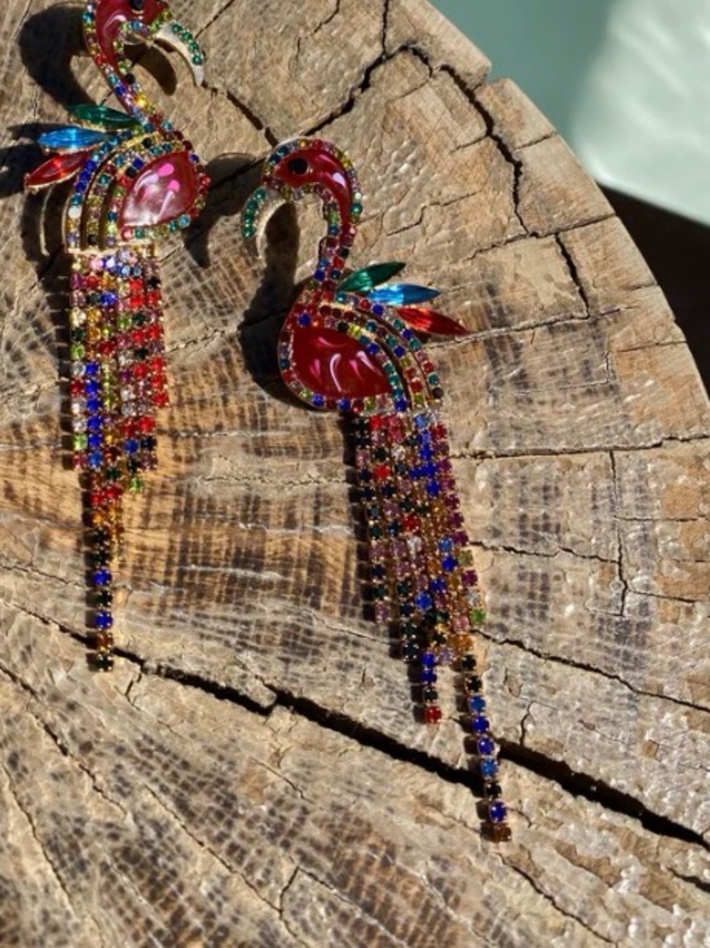 New Natasha Colorful Flamingo Drop Earrings - Red Multi-Color Crystal Fringe - Picture 8 of 14
